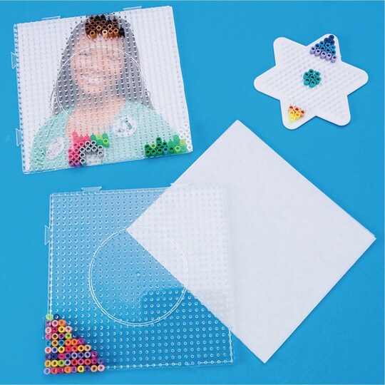 S&S Worldwide; S&S Worldwide Color Splash! Fuse Bead Pegboard Assortment, 4 Shapes: Round, Square, Hexagon & Heart (3" to 3-1/2"), plus Ironing Paper & Instructions, For All Ages - Kids & Adults, Plastic, Pack of 4; Category:Arts & Crafts Supplies; Image:1